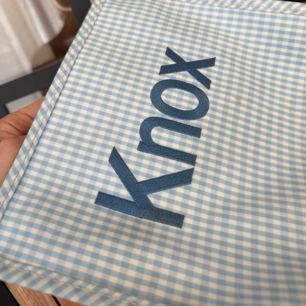 Knox TRVL roading bag embroidered personalized gingham zip up pouch toiletry